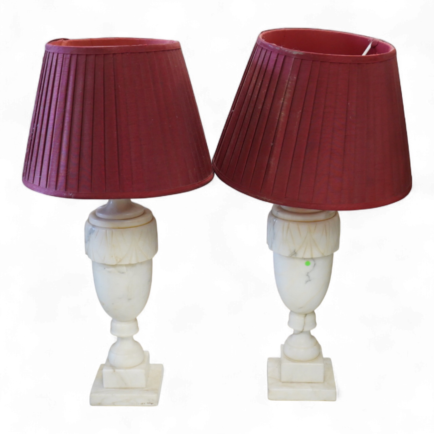 A pair of alabaster table lamps and shades, 56cm total